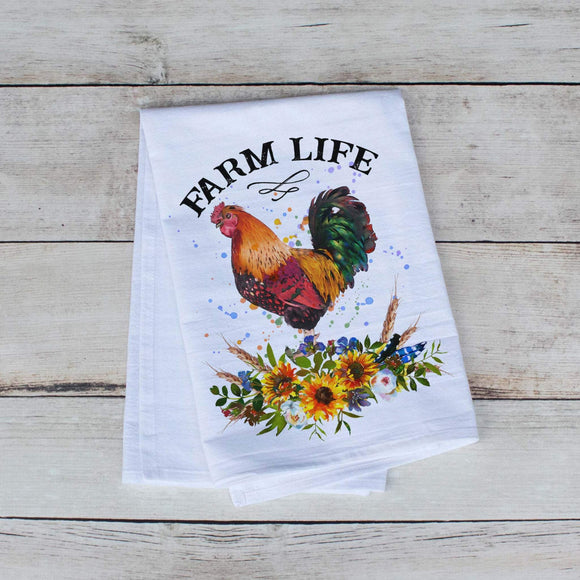farm life rooster tea towel