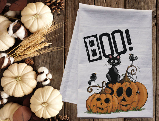 Boo Kitty Halloween Pumpkin dish towel -  premium flour sack tea towel, fall autumn kitchen decor