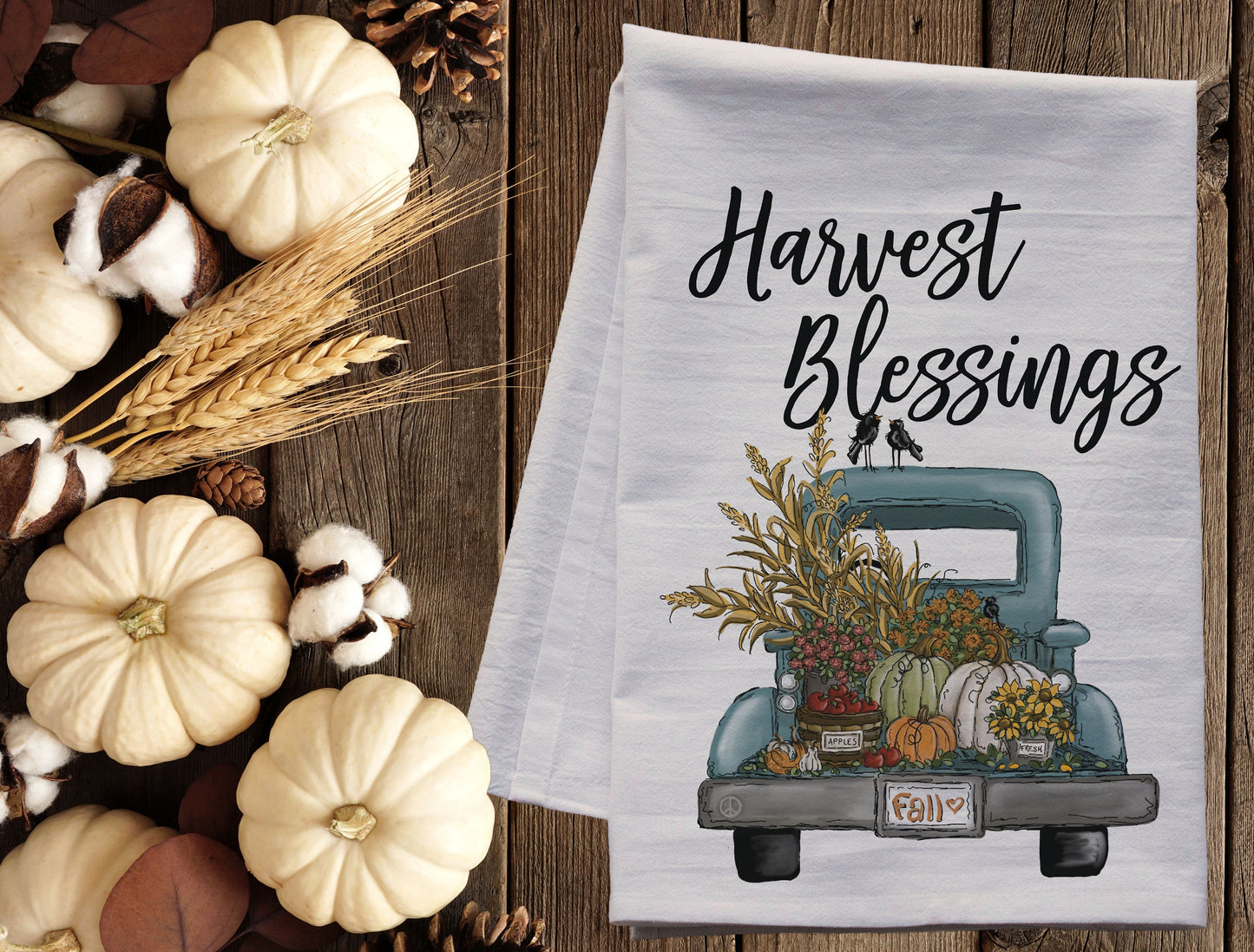 Harvest Blessings Autumn Dish Towel -   premium flour sack tea towel old truck of pumpkins fall decor