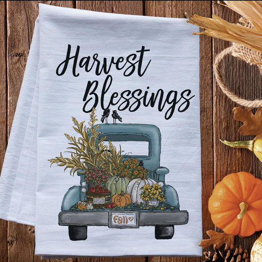 Harvest Blessings Autumn Dish Towel -   premium flour sack tea towel old truck of pumpkins fall decor