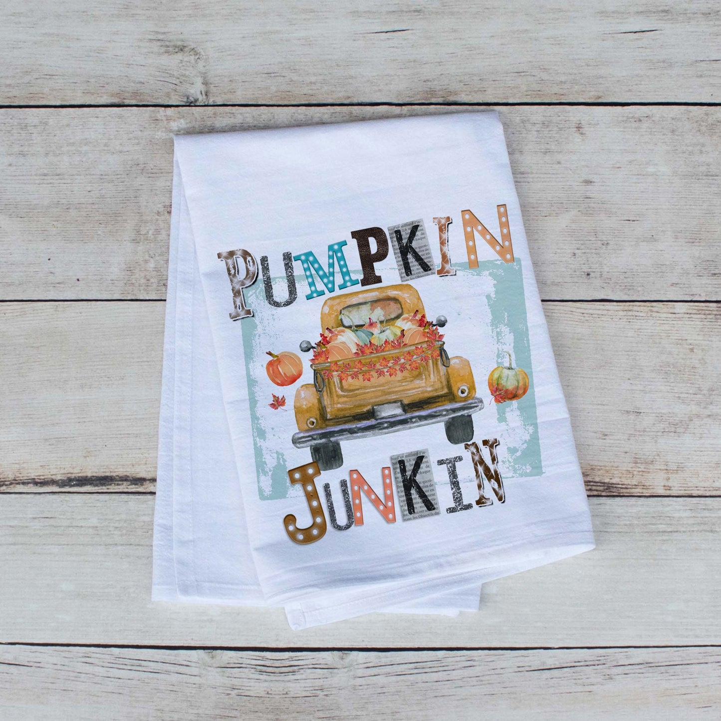 Pumpkin Junkin Autumn Tea Towel -   premium flour sack dish towel old truck of pumpkins fall decor