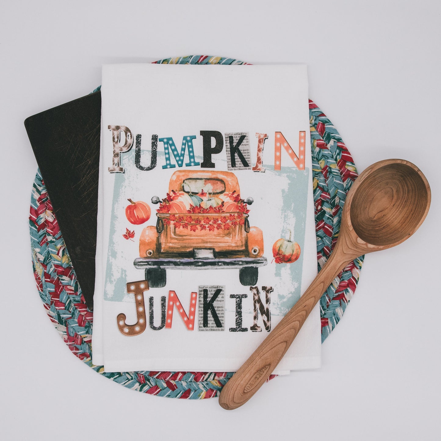 Pumpkin Junkin Autumn Tea Towel -   premium flour sack dish towel old truck of pumpkins fall decor