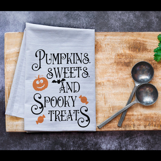 Pumpkin Sweets and Spooky Treats Halloween premium flour sack dish towel, fall decor kitchen tea towel