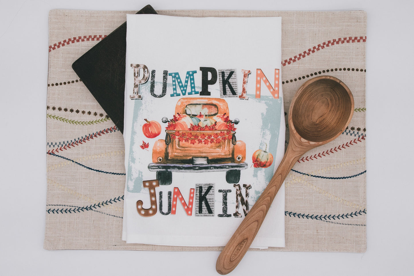 Pumpkin Junkin Autumn Tea Towel -   premium flour sack dish towel old truck of pumpkins fall decor