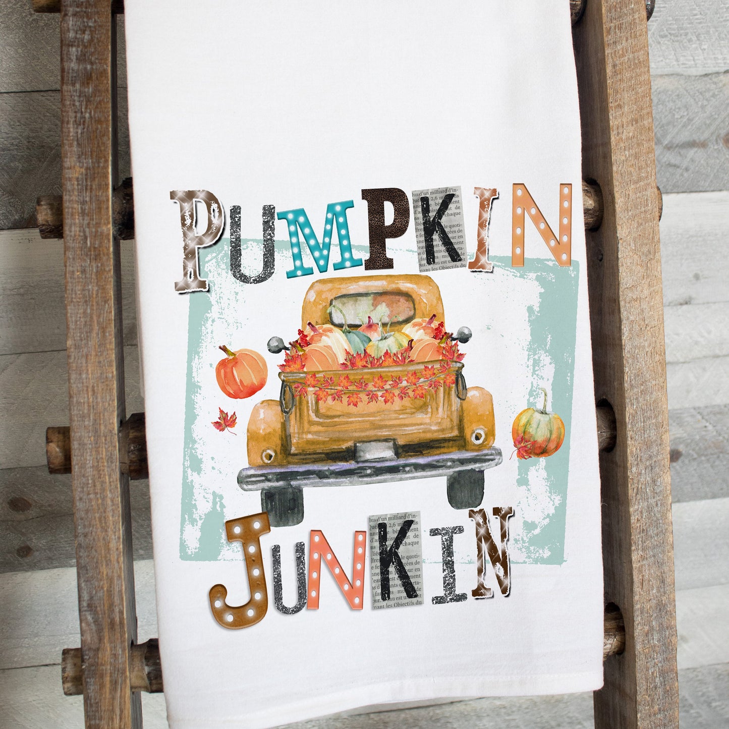 Pumpkin Junkin Autumn Tea Towel -   premium flour sack dish towel old truck of pumpkins fall decor