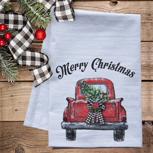 Merry Christmas Truck Dish Towel -  premium flour sack tea towel