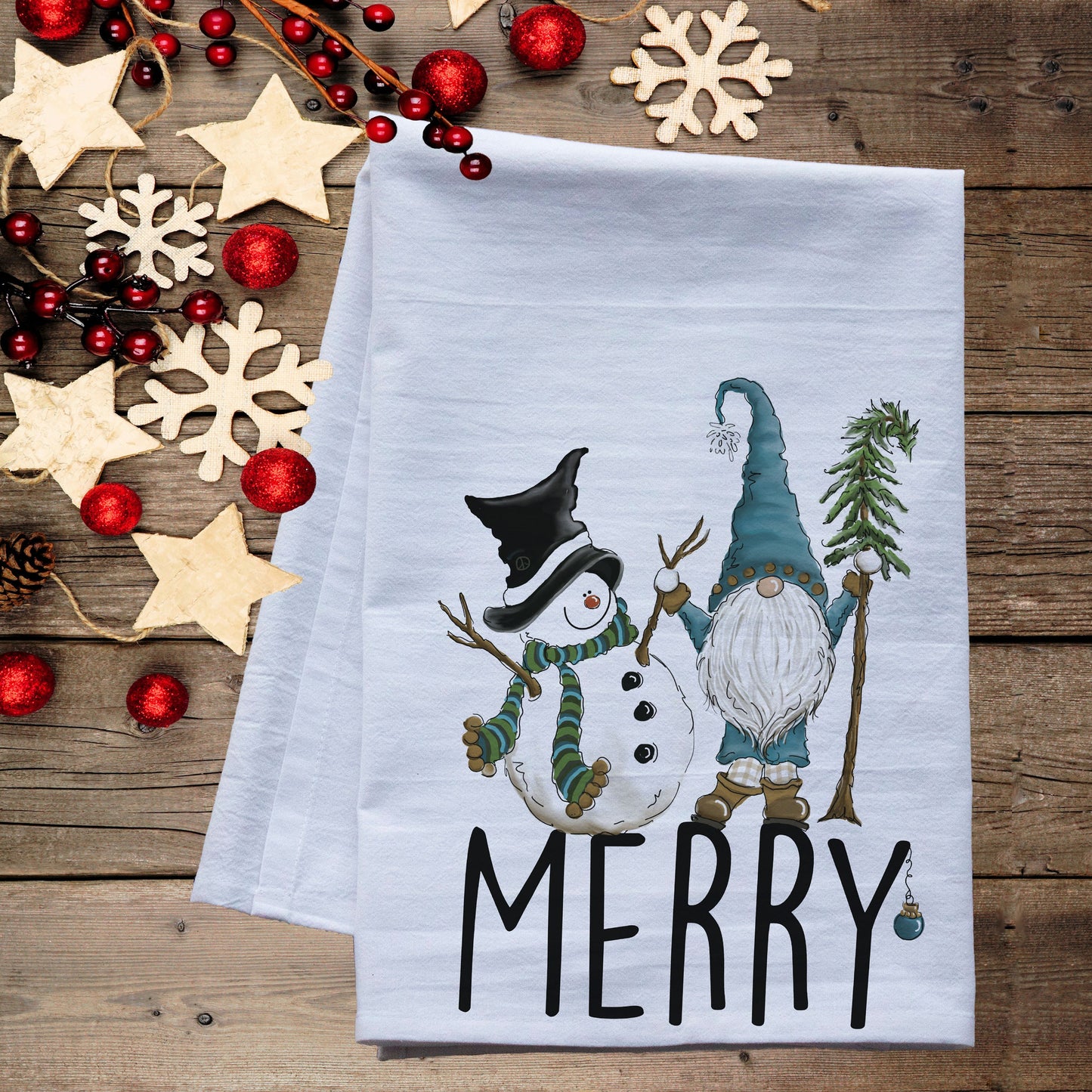 Merry Snowman and Gnome Friends Christmas Dish Towel -   premium flour sack tea towel Holiday kitchen decor winter decorations