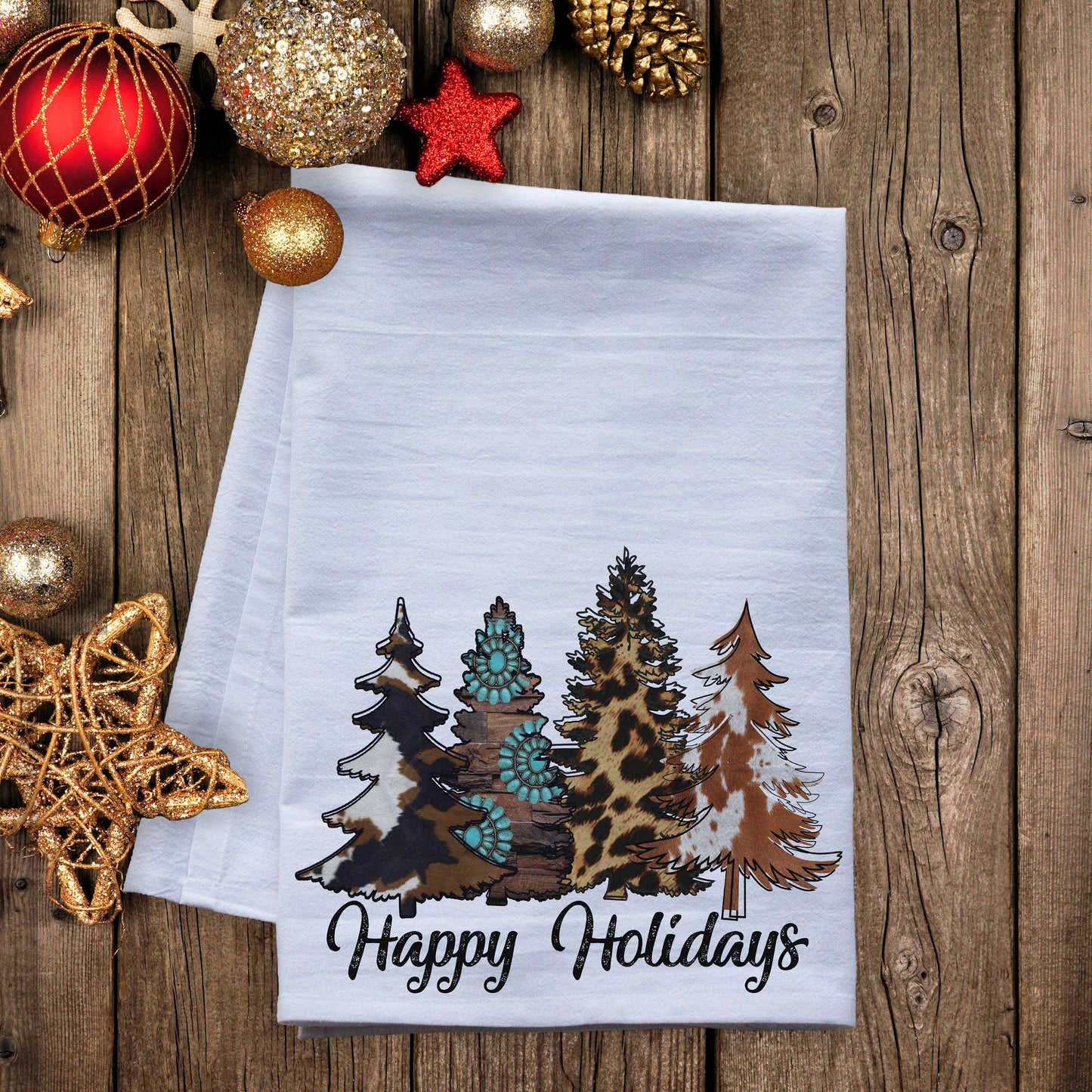 Happy Holidays Western Christmas Trees Dish Towel -   premium flour sack tea towel Holiday kitchen decor winter decorations