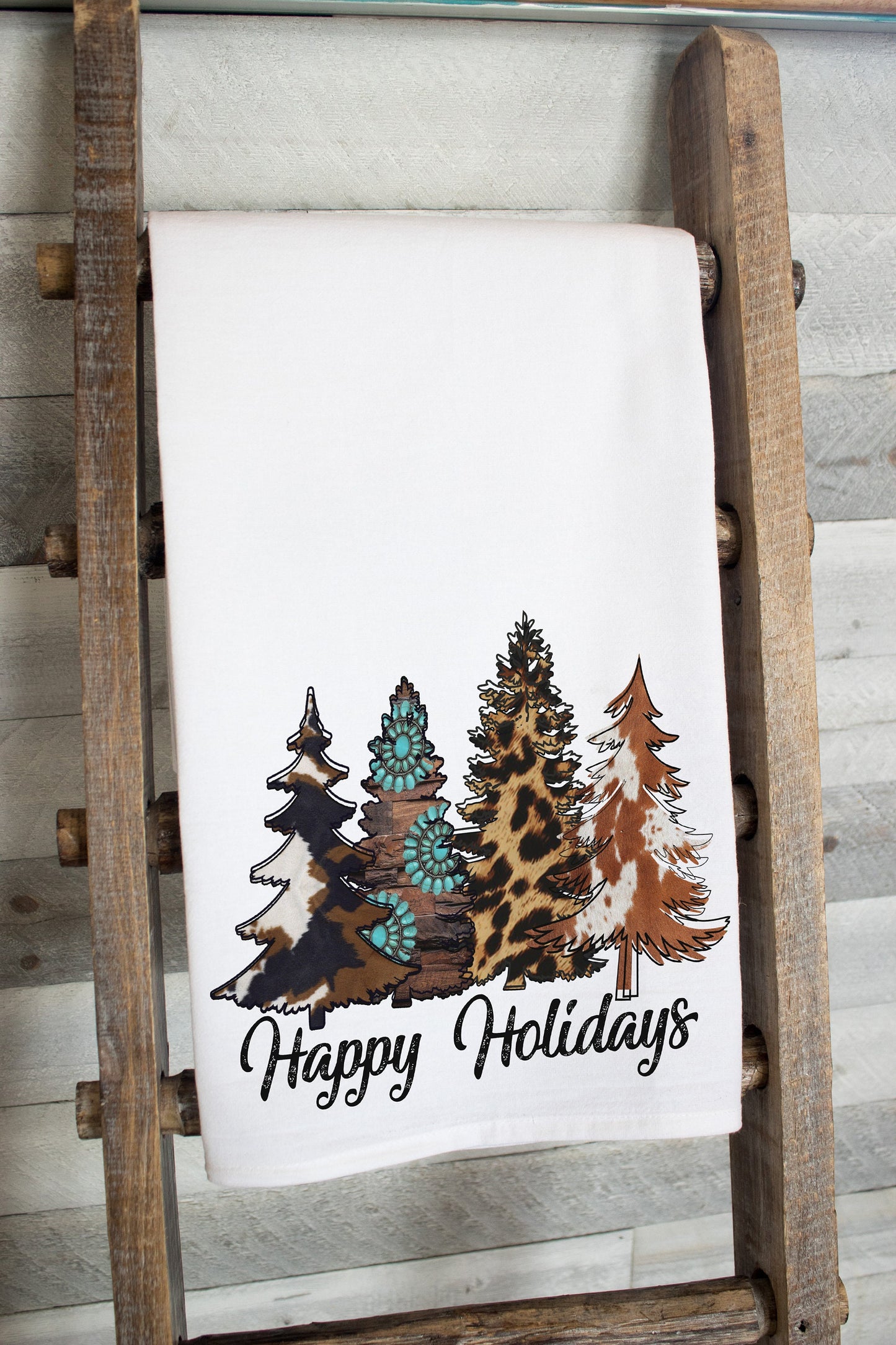 Happy Holidays Western Christmas Trees Dish Towel -   premium flour sack tea towel Holiday kitchen decor winter decorations