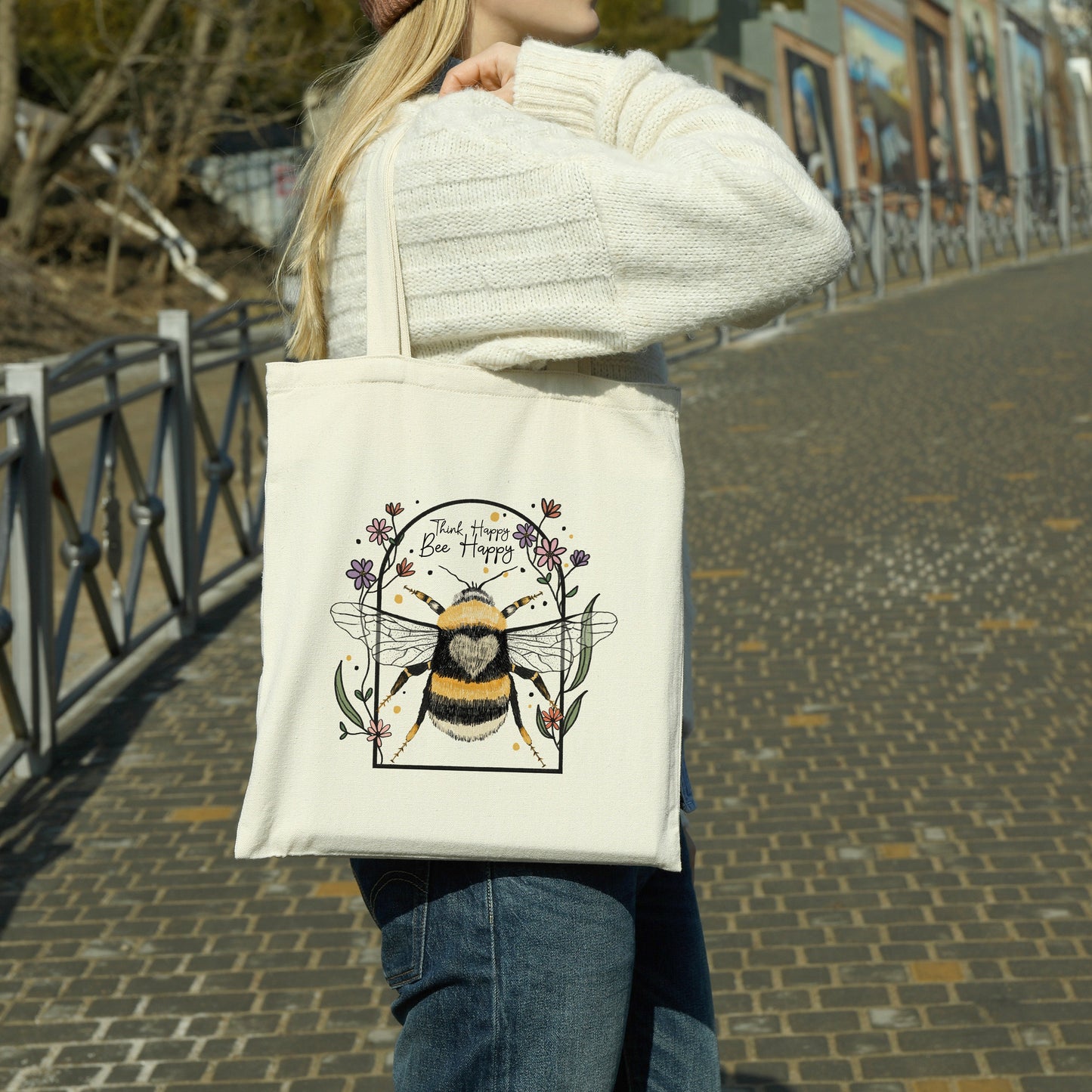 Think Happy Bee Kind Tote Bag