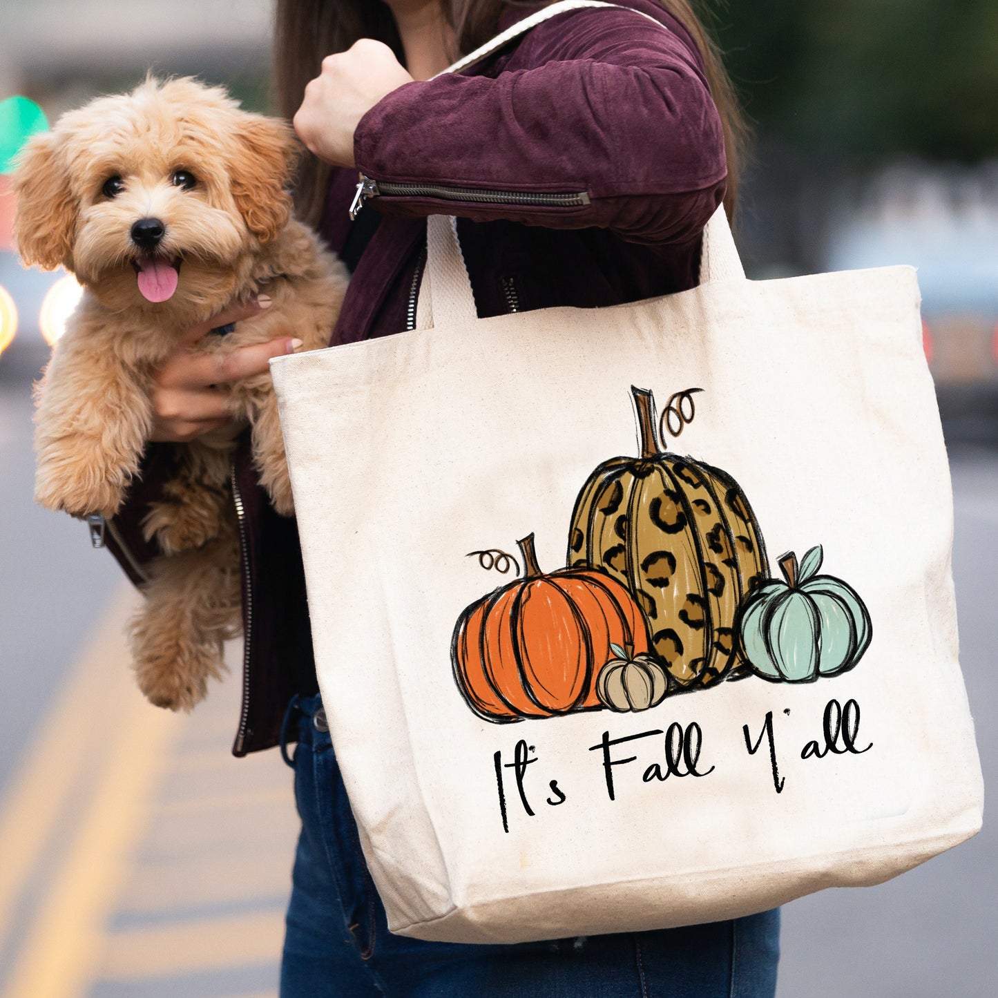 It's Fall Y'all Pumpkins canvas tote bag -  premium canvas carryall bag perfect for books, shopping or a reusable grocery bag