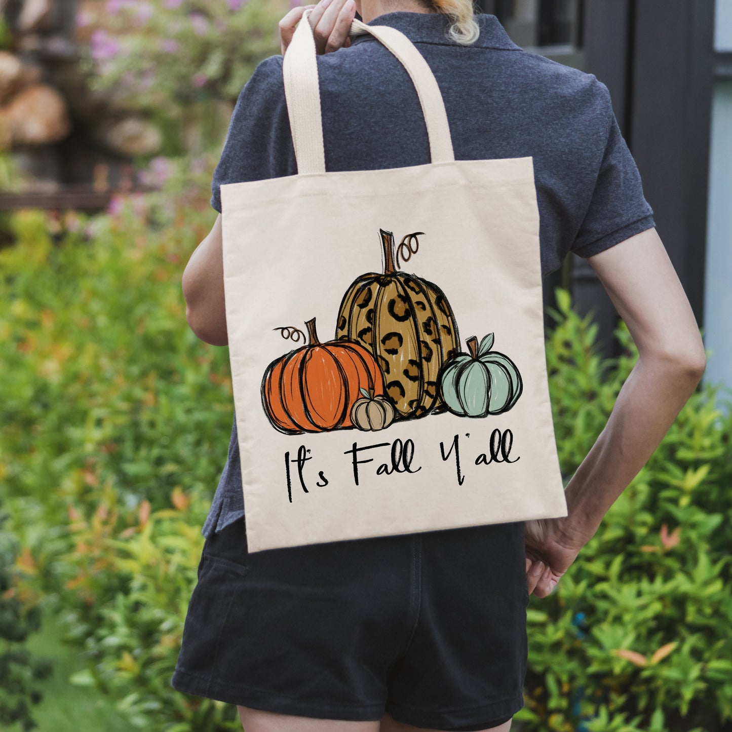 It's Fall Y'all Pumpkins canvas tote bag -  premium canvas carryall bag perfect for books, shopping or a reusable grocery bag