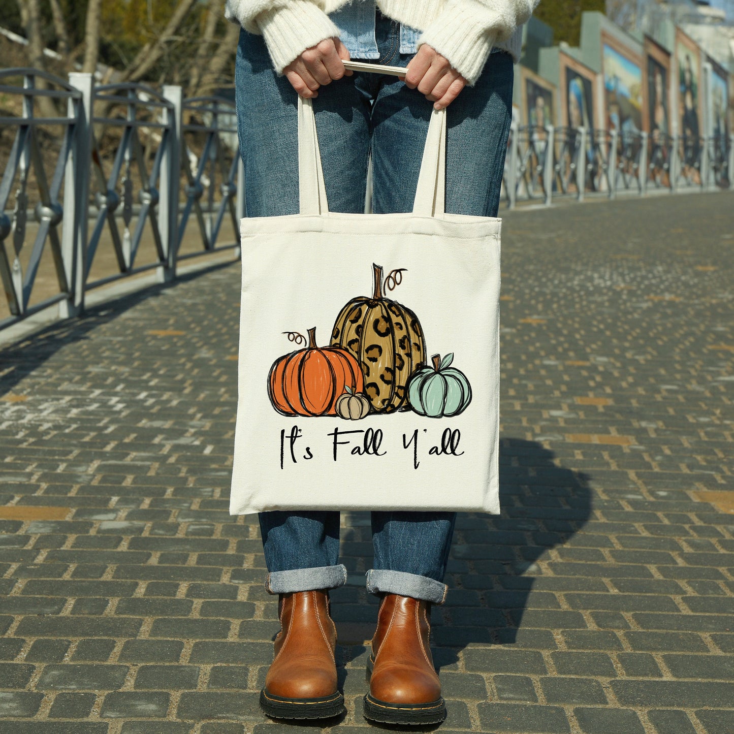 It's Fall Y'all Pumpkins canvas tote bag -  premium canvas carryall bag perfect for books, shopping or a reusable grocery bag