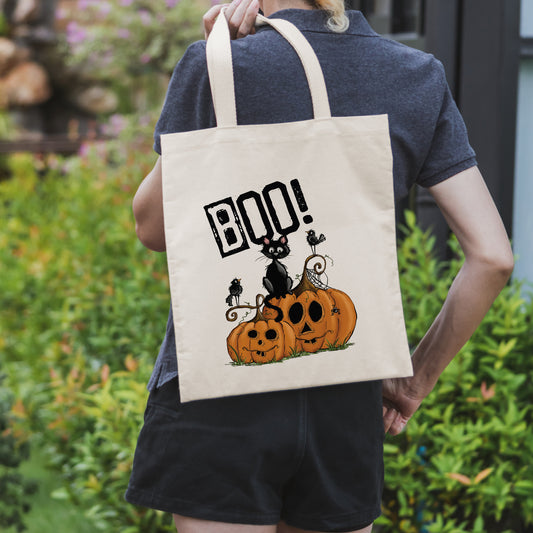 Boo! Cat & Crows canvas tote bag -  premium canvas carryall bag perfect for books, shopping or a reusable grocery bag