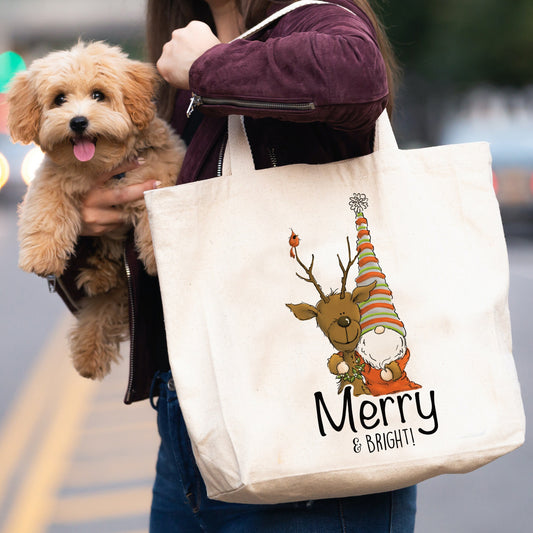 Merry & Bright Gnome/Reindeer canvas tote bag -  premium canvas carryall bag perfect for books, shopping or a reusable grocery bag