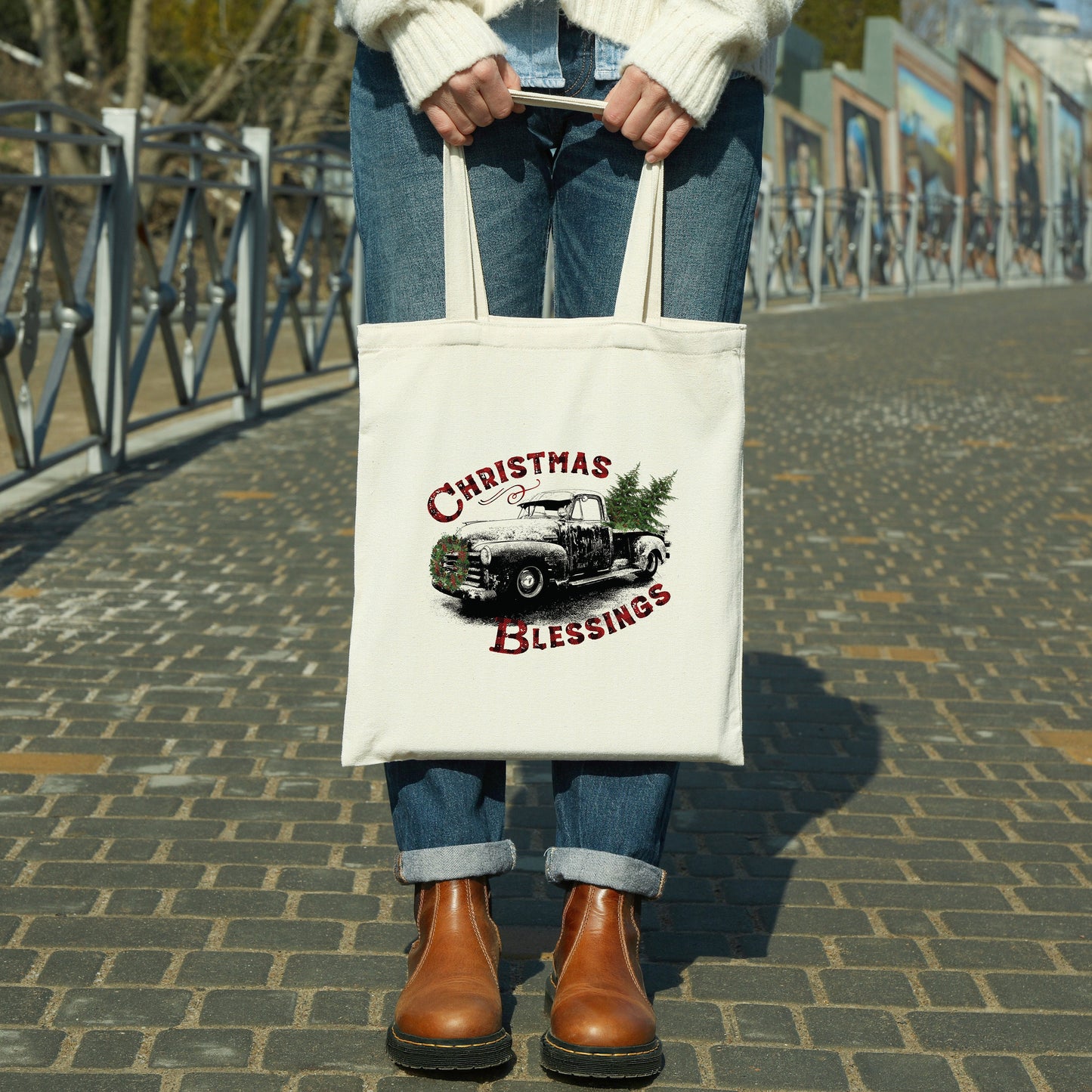 Christmas Blessings Black Truck canvas tote bag -  premium canvas carryall bag perfect for books, shopping or a reusable grocery bag