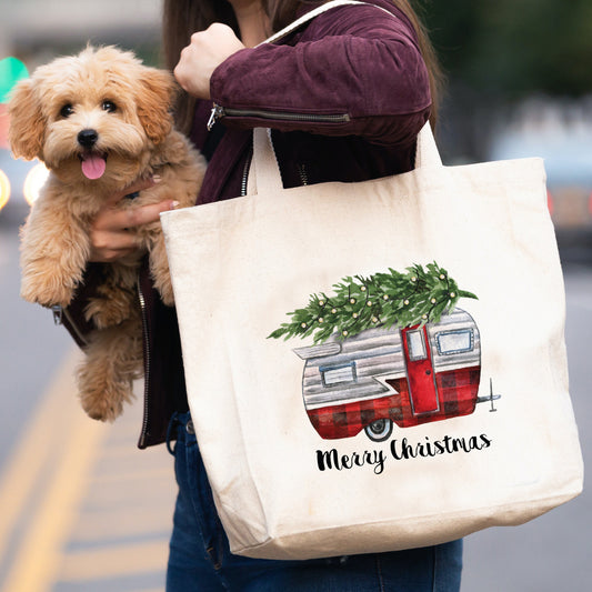 Merry Christmas Camper canvas tote bag -  premium canvas carryall bag perfect for books, shopping or a reusable grocery bag