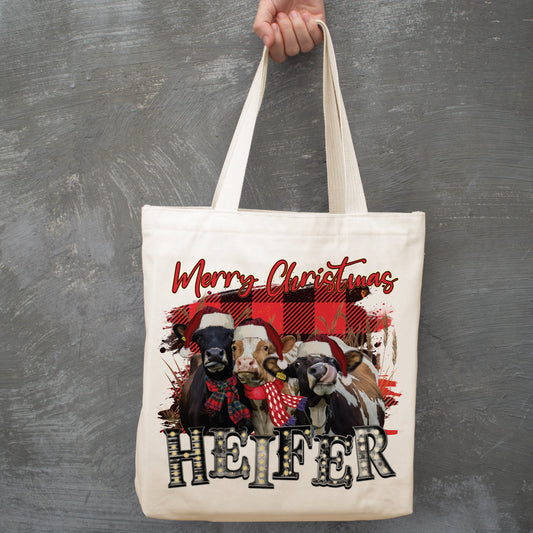 Merry Christmas Heifers canvas tote bag -  premium canvas carryall bag perfect for books, shopping or a reusable grocery bag