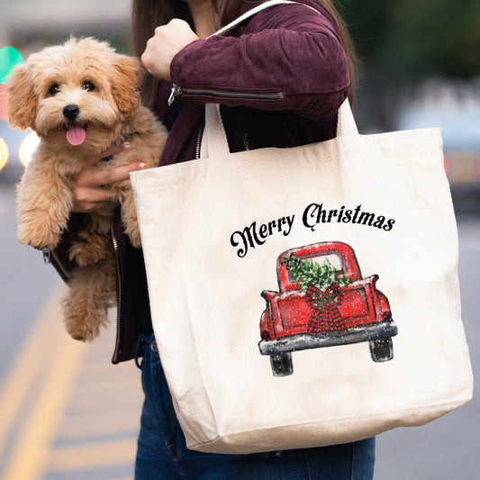 Merry Christmas Red Truck (tailgate) canvas tote bag -  premium canvas carryall bag perfect for books, shopping or a reusable grocery bag