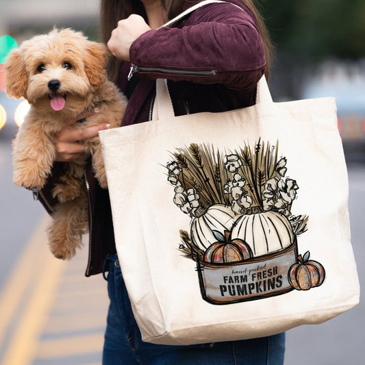 Farm Fresh Pumpkins canvas tote bag -  premium canvas carryall bag perfect for books, shopping or a reusable grocery bag