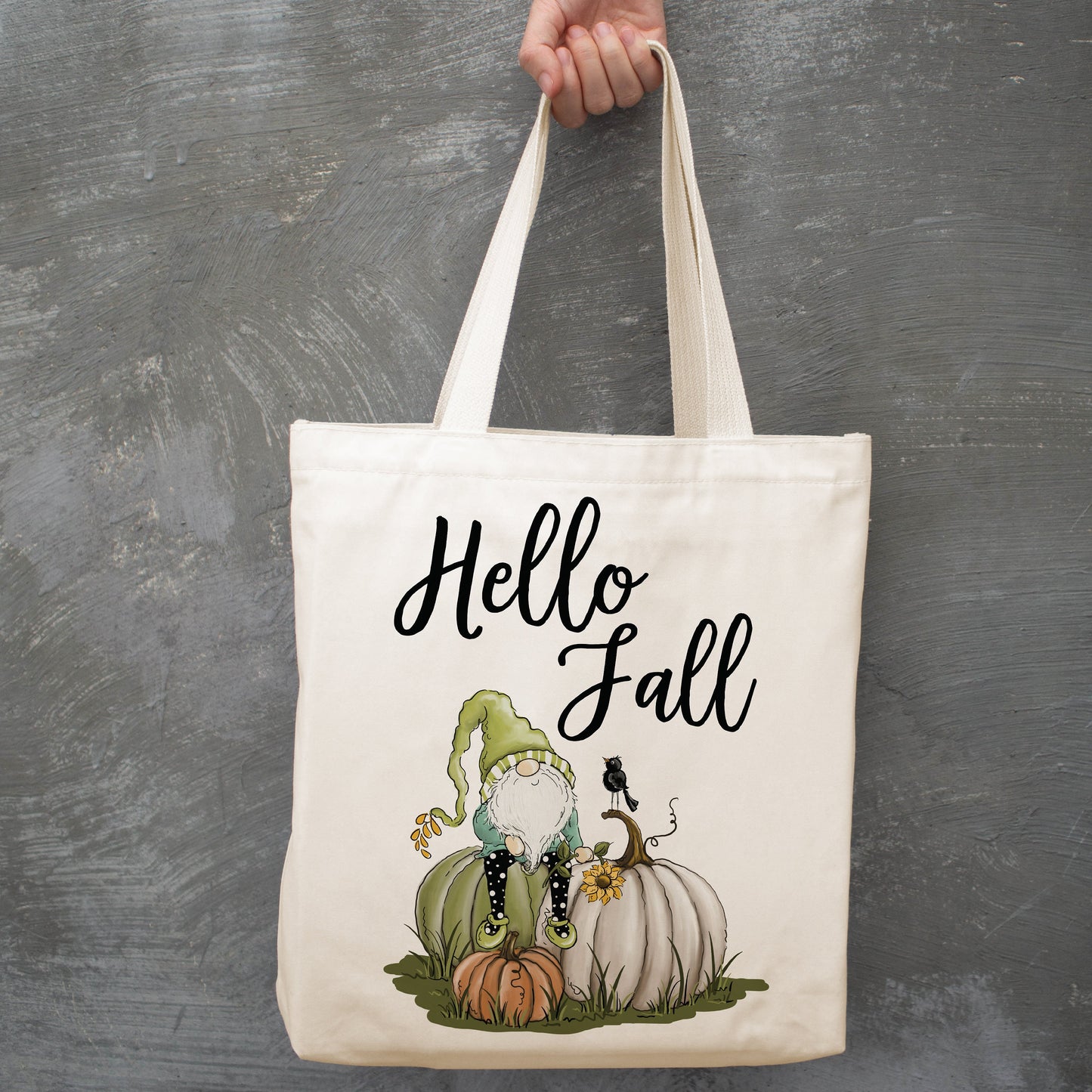 Hello Fall Gnome on Pumpkin canvas tote bag -  premium canvas carryall bag perfect for books, shopping or a reusable grocery bag