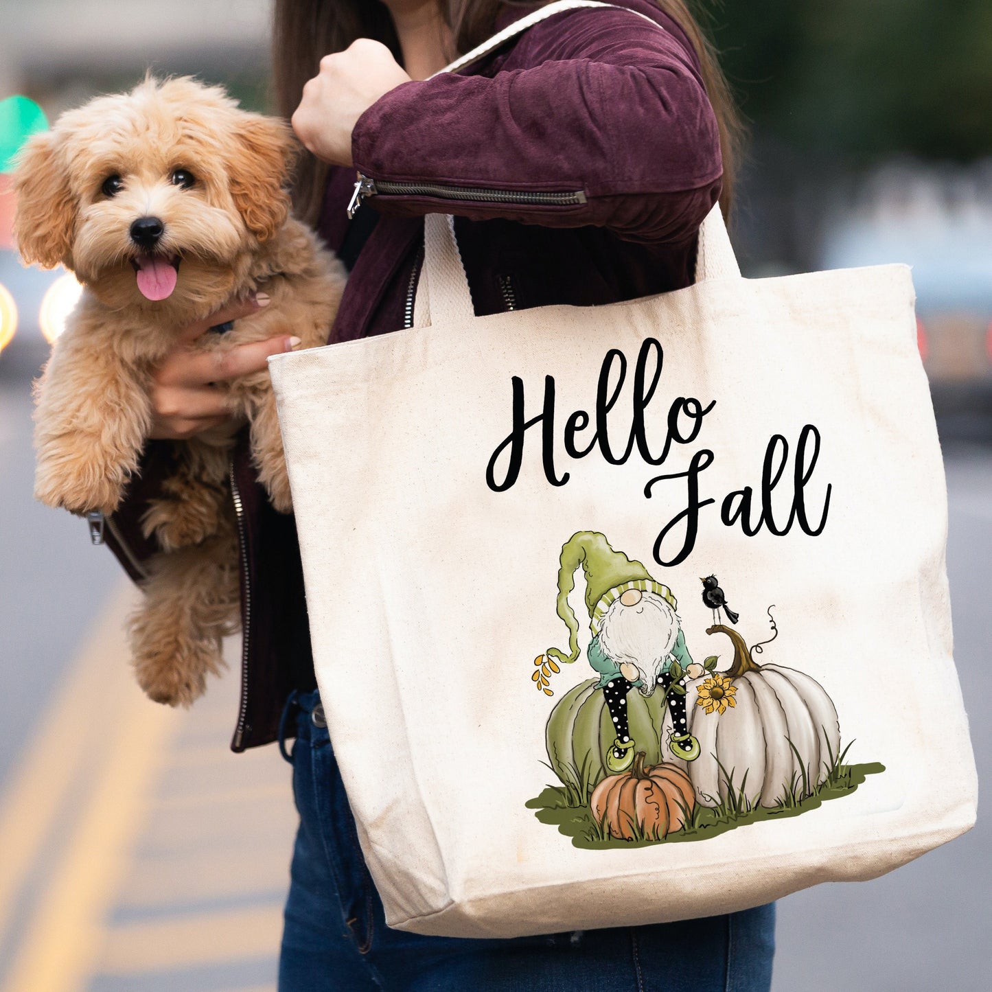 Hello Fall Gnome on Pumpkin canvas tote bag -  premium canvas carryall bag perfect for books, shopping or a reusable grocery bag