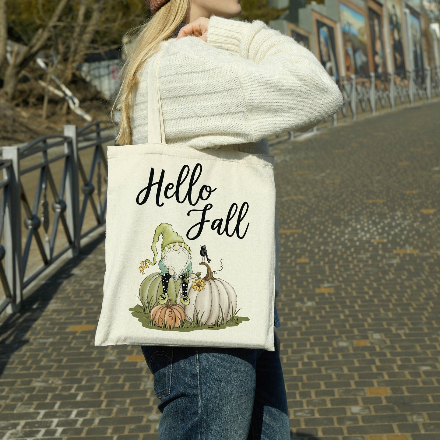 Hello Fall Gnome on Pumpkin canvas tote bag -  premium canvas carryall bag perfect for books, shopping or a reusable grocery bag