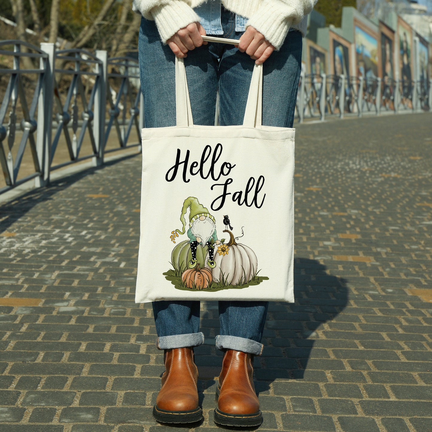 Hello Fall Gnome on Pumpkin canvas tote bag -  premium canvas carryall bag perfect for books, shopping or a reusable grocery bag