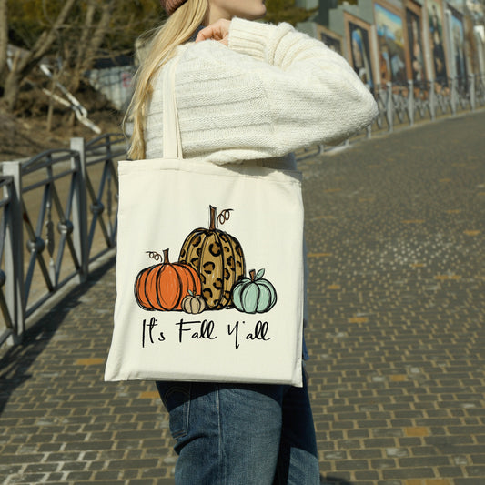 It's Fall Y'all Pumpkins canvas tote bag -  premium canvas carryall bag perfect for books, shopping or a reusable grocery bag