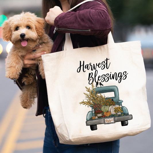 Harvest Blessings Blue Truck canvas tote bag -  premium canvas carryall bag perfect for books, shopping or a reusable grocery bag