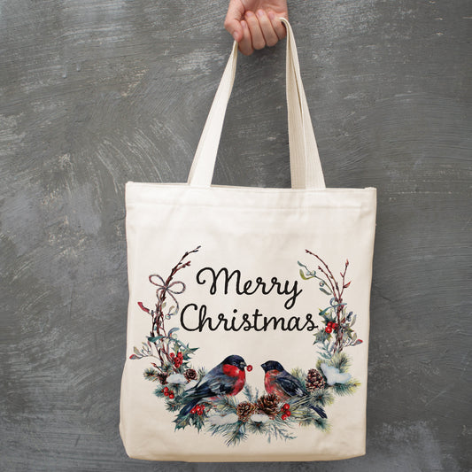 Merry Christmas Birds on Wreath canvas tote bag -  premium canvas carryall bag perfect for books, shopping or a reusable grocery bag