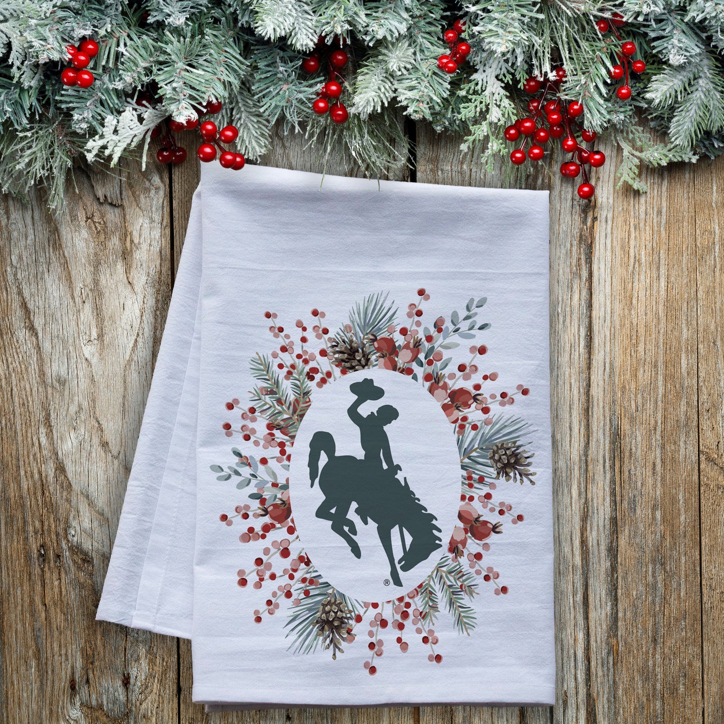 Pip Berry Wreath Bucking Horse Tea Towel