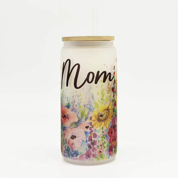 Personalized Watercolor Wildflowers 18oz frosted glass cup floral design w/ bamboo lid & straw