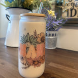 Retro Mama 18oz frosted glass cup Vintage Flower design w/ bamboo lid & straw