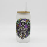 Dead Without Coffee Frosted Glass Cup with Bamboo Lid and Straw - 18oz skeleton with iced coffee