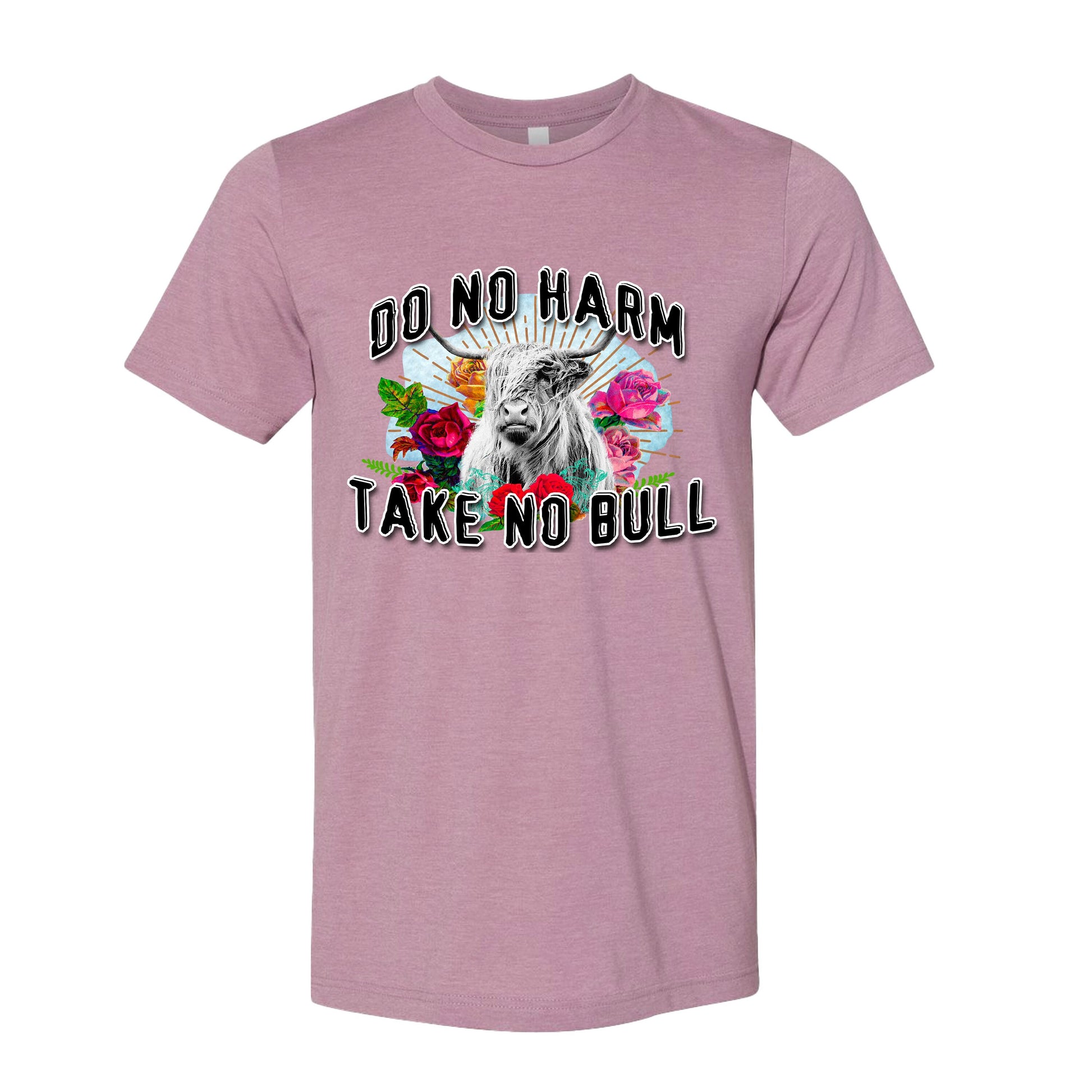 heather orchid pink shirt wiht a long haiir cow with horns and vintage flowers that says do no harm take no bull