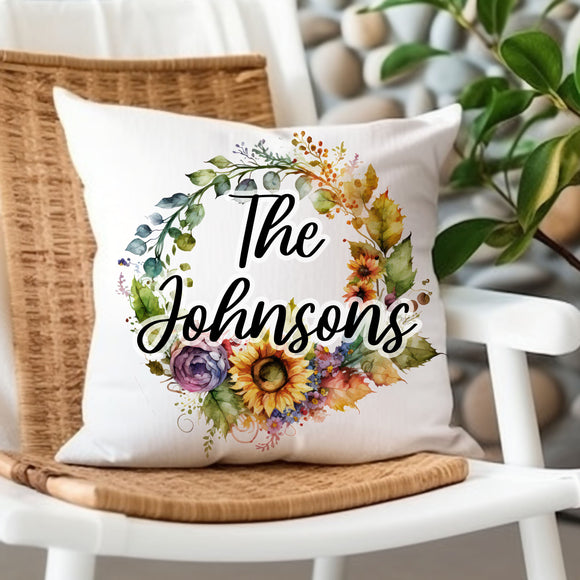Personalized Watercolor Sunflower Wreath Pillow - Custom Name Throw Pillow, New Home Gift