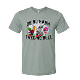 heather sage shirt with a highland cow with horns and vintage flowers that says do no harm take no bull